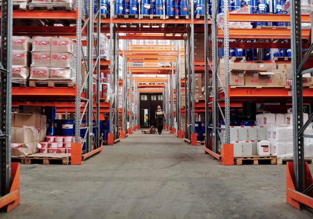 Shelving systems in a warehouse.